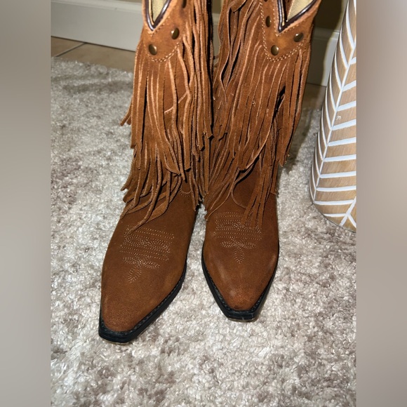 Shyanne Brown Fringe Heeled Boots - Picture 3 of 6